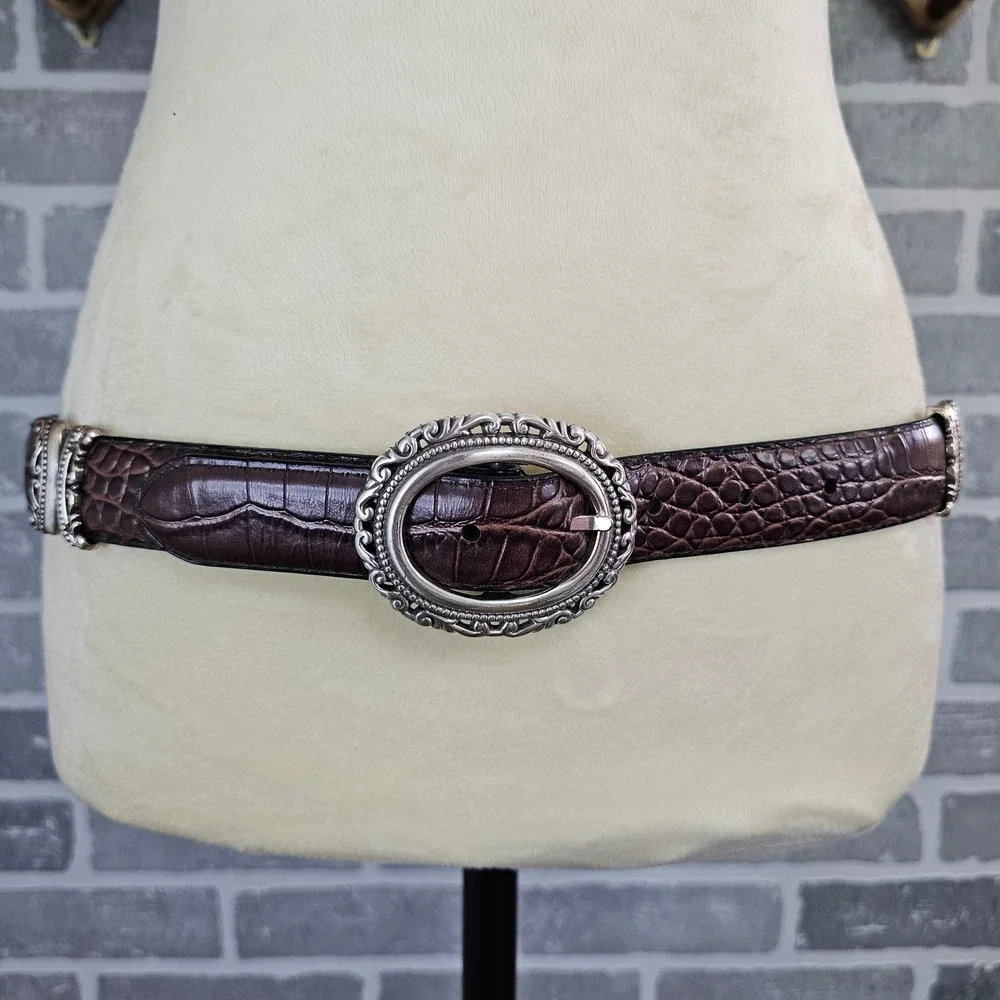 Reversible Brown Croc Embossed & Black Leather Belt Western Boho Silver Buckle - Picture 1 of 9